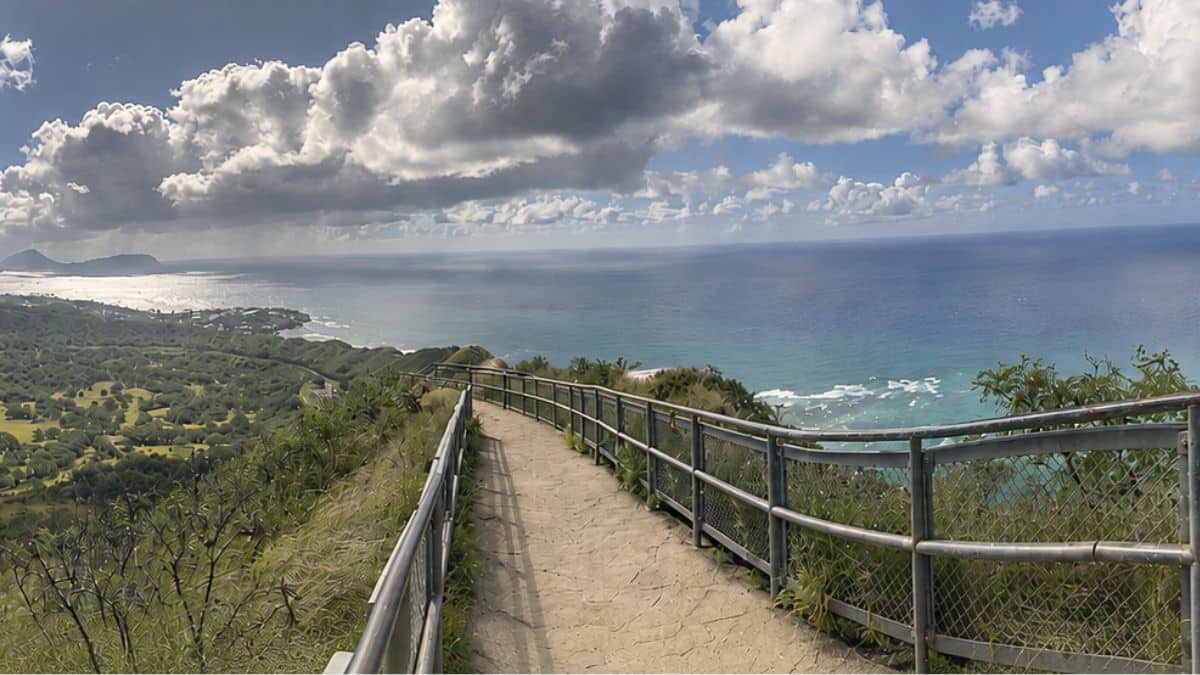 Diamond Head hike trail view of crater and the ocean Oahu