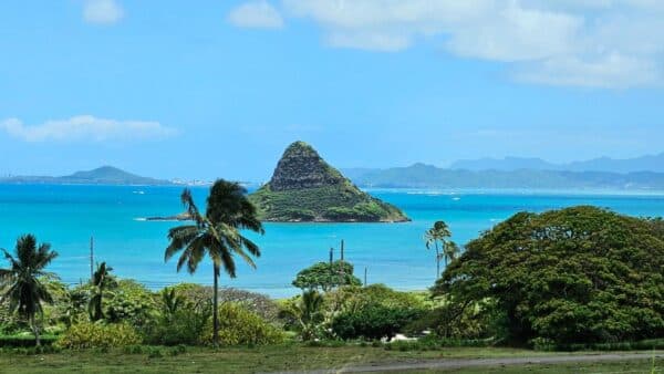 View of Chinaman’s Hat island off the coast near Kualoa Ranch in Oahu