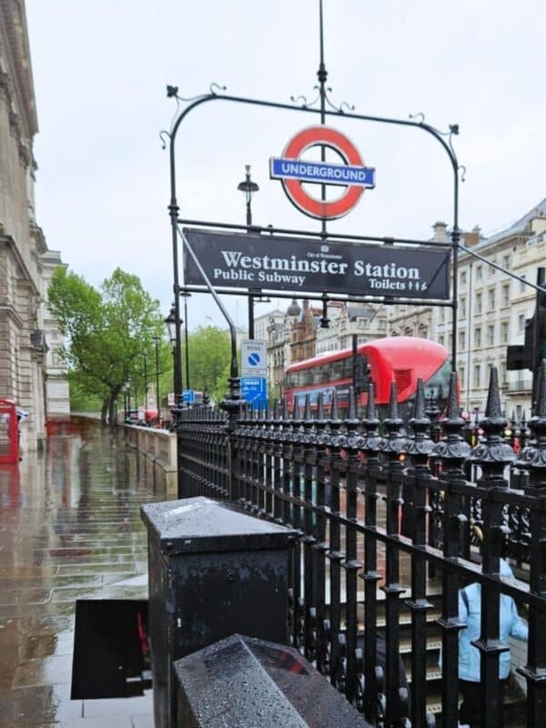 London Westminster Subway entrance and Red double decker bus