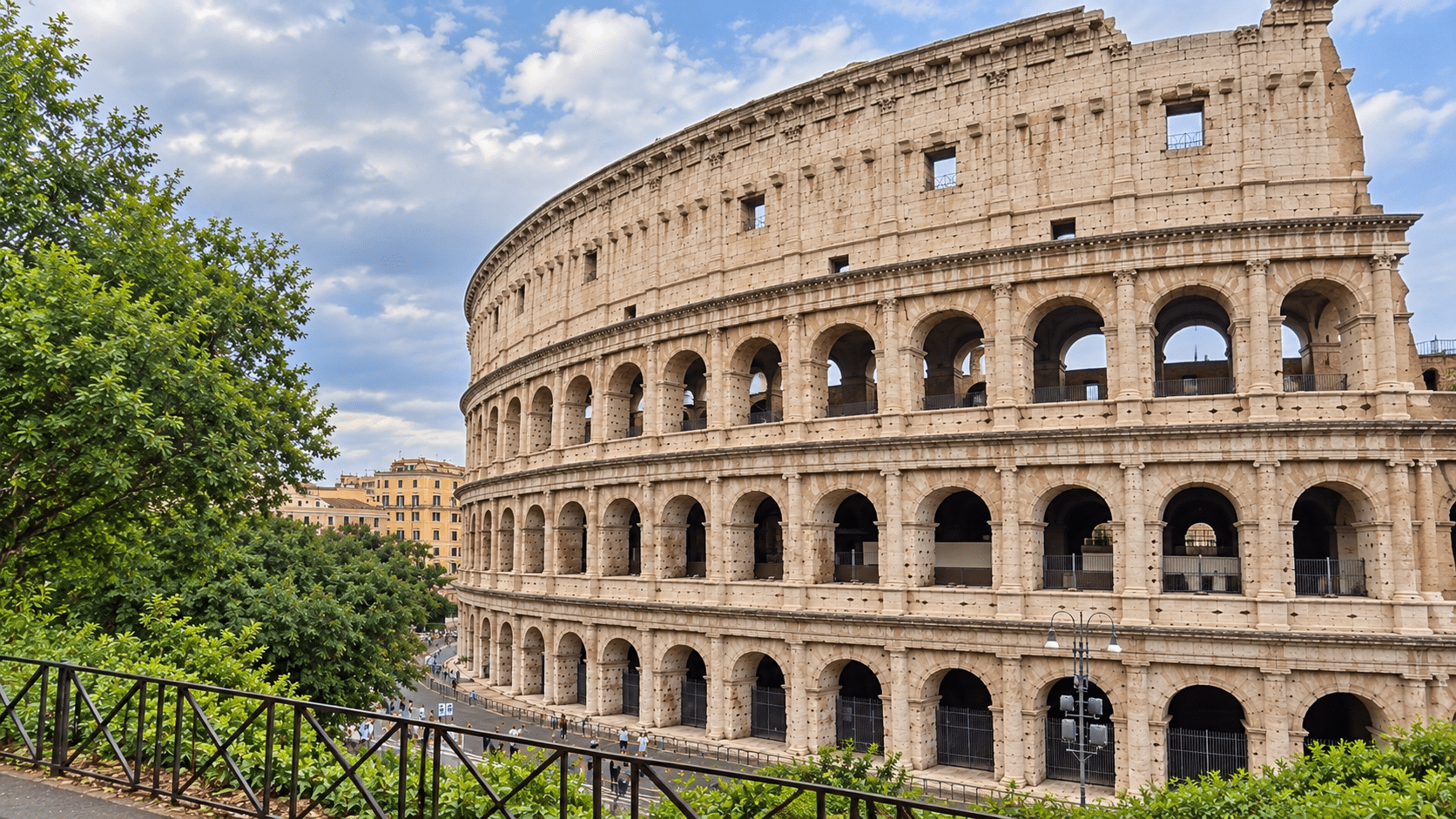 Rome Colosseum view with tourists and greenery