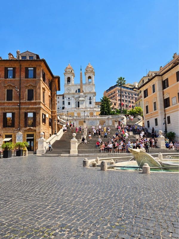 View of Spanish steps with tourists and fountain