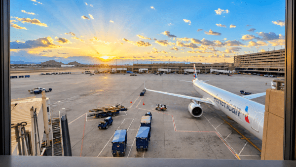 American Airlines plane at Phoenix Sky Harbor Airport at sunrise