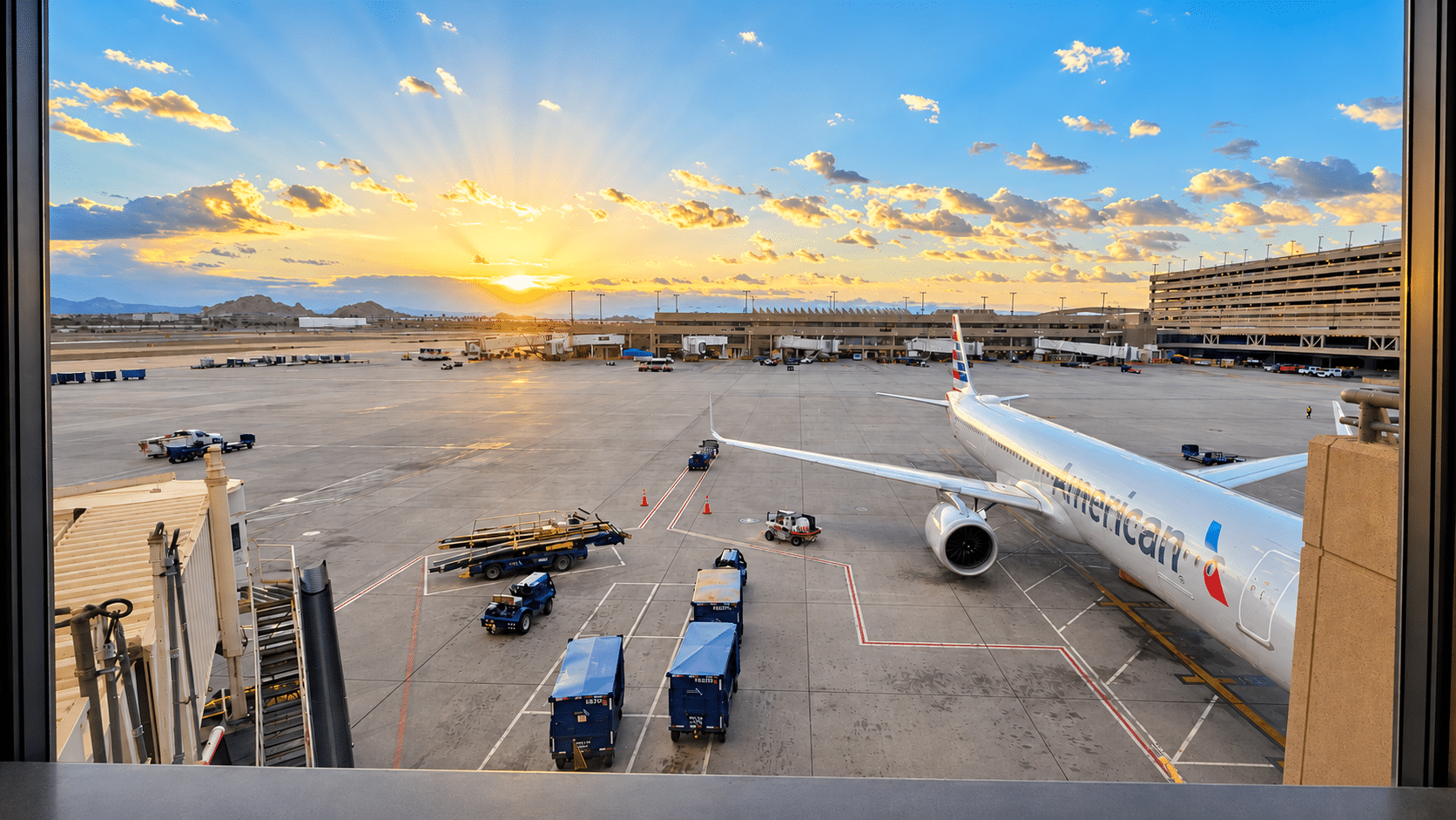 American Airlines plane at Phoenix Sky Harbor Airport at sunrise